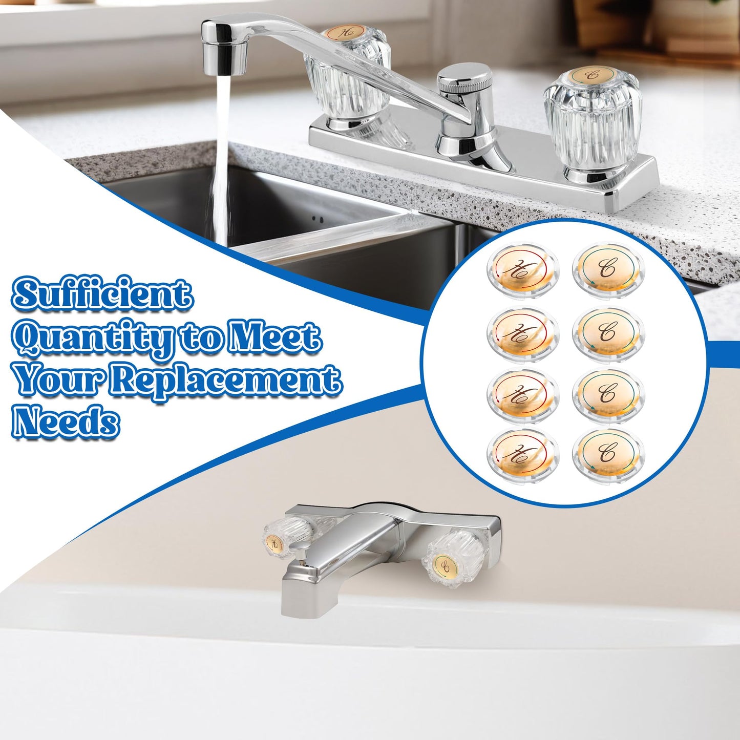 Dreyoo 8 Pcs Universal Index Buttons, Hot and Cold Faucet Index Buttons, Bathroom Faucet Knobs Replacement, Compatible with Delta/LDR/Delex/Peerless Two Clear Handles, 1-5/16 In. Diameter