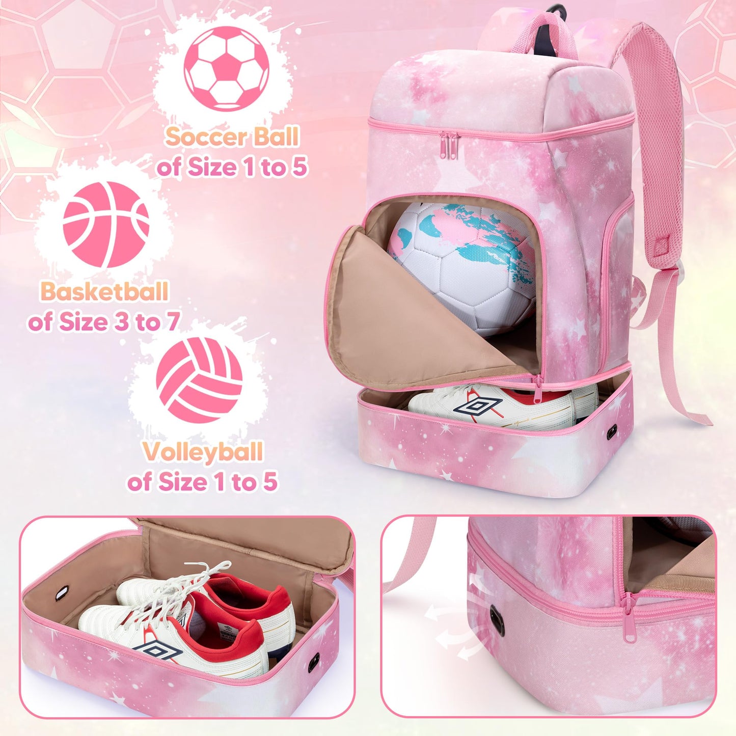 Smasrob Soccer Backpack for Girls with Separate Ball Pocket and Shoe Compartment, Sports Bags for Soccer, Basketball, Volleyball