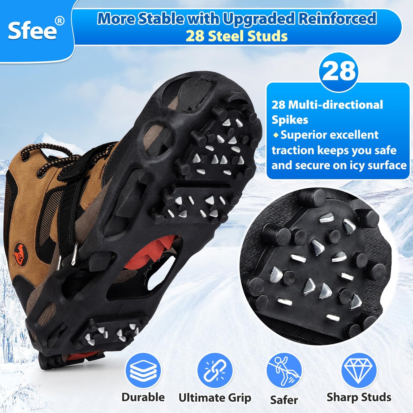 Sfee Crampons Ice Cleats for Shoes and Boots, 28 Snow Shoe Spikes Ultra-Grip Ice Cleats for Men & Women Non-Slip Snow Traction Ice Grippers for Shoes and Boots for Walking, Hiking, Climbing & Fishing