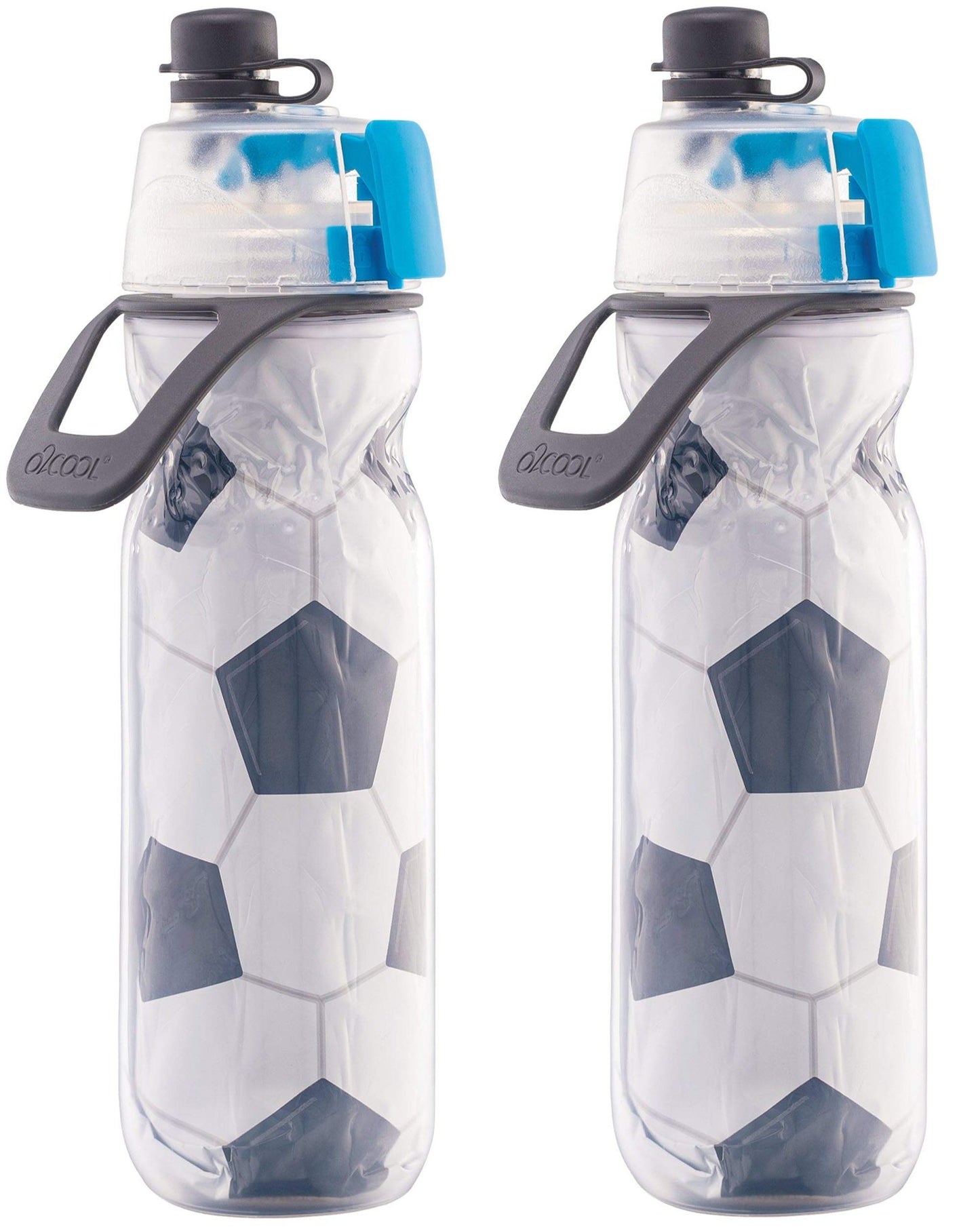 O2COOL Mist 'N Sip Misting Water Bottle 2-in-1 Mist And Sip Function With No Leak Pull Top Spout Reusable Sports Water Bottle - 20 oz (2 Pack Soccer)