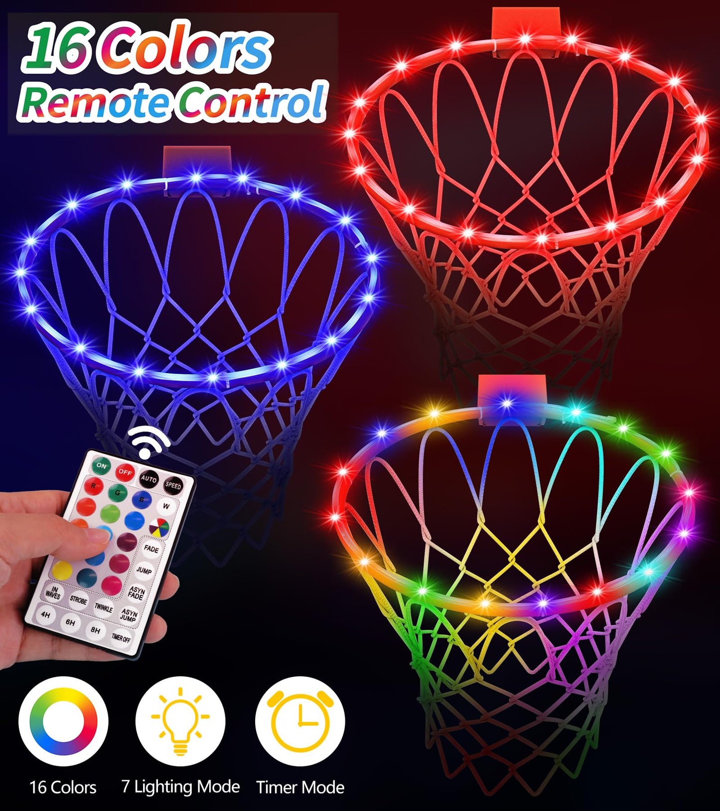 LED Basketball Hoop Light, Waterproof Super Bright Basketball Rim Lights,Remote Control 16 Colors and 7 Lighting Flicker Change, for Night Outdoor Basketball Games and Gifts for Boys