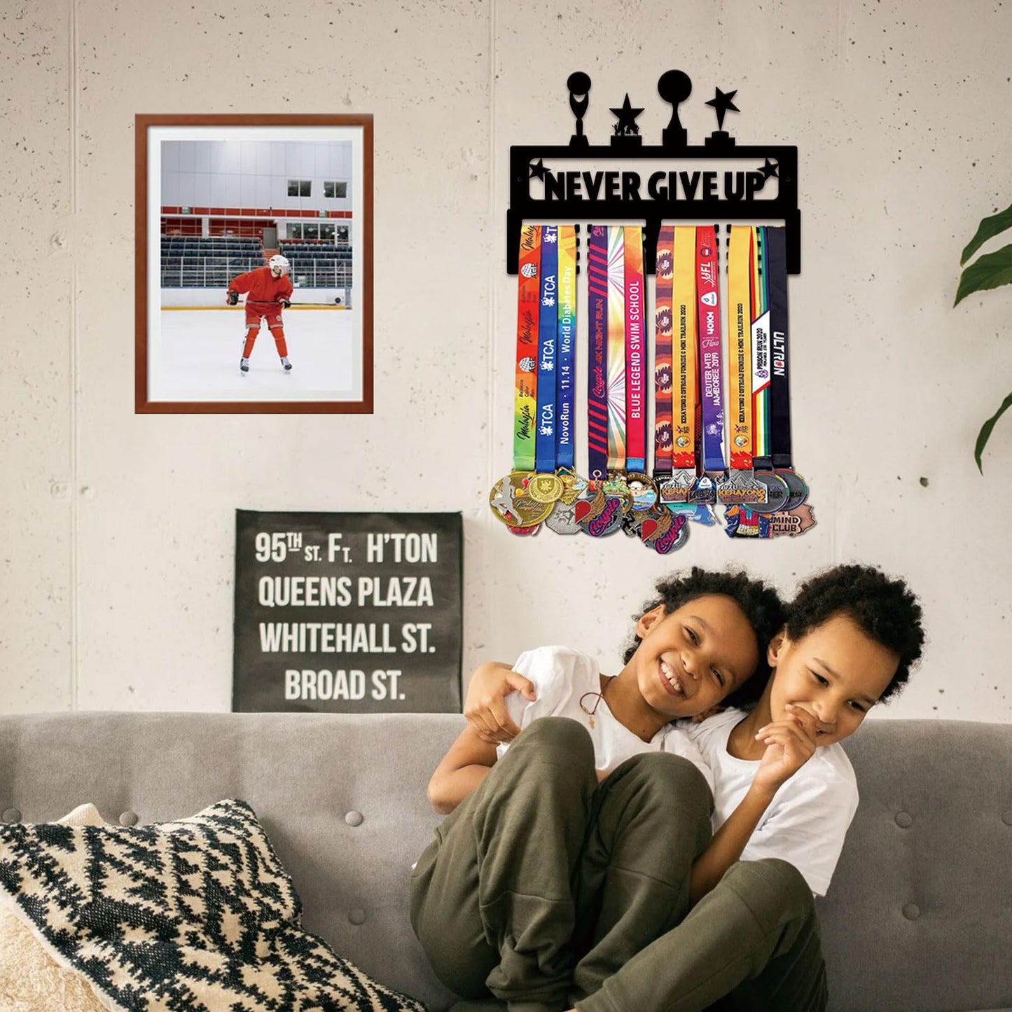 Resama Metal Holder Display Hanger Rack Frame- Metal Awards Rack for Walls Holds 40+ Never Give Up Sports Medals Hanger Ribbon Display Holder Rack with Easy Hanging