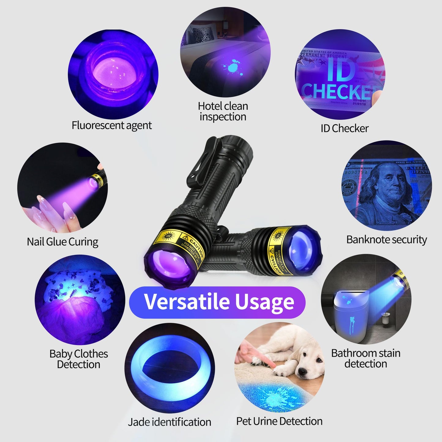DARKDAWN UV Flashlight 365&395nm Black Light Mini USB Rechargeable Ultraviolet LED Blacklight Woods Lamp Powerful Fluorescent Portable Detector for Pet Urine Stains, Money, Resin Curing（2 Pack）