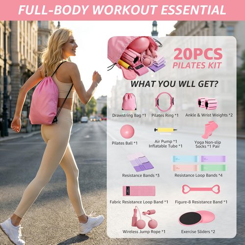 FiitDavz Home Pilates Kit 20 PCS, Pilates Equipment with Pilates Ring and Ball, 9 Level Resistance Bands, Jump Rope, Ankle Weights,Sliders & Grip Socks Accessories for Starter Home Workouts