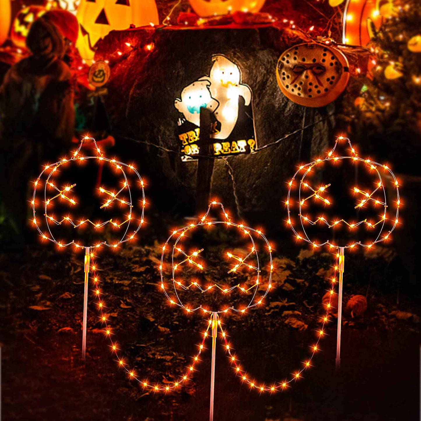 Woohaha Halloween Pumpkin Pathway Lights,163 LED Plug in Garden Outdoor Decorations，Waterproof String Lights with 3 Pumpkin Stakes Light for Garden Walkway Yard Driveway Lawn Party Decor（Orange）