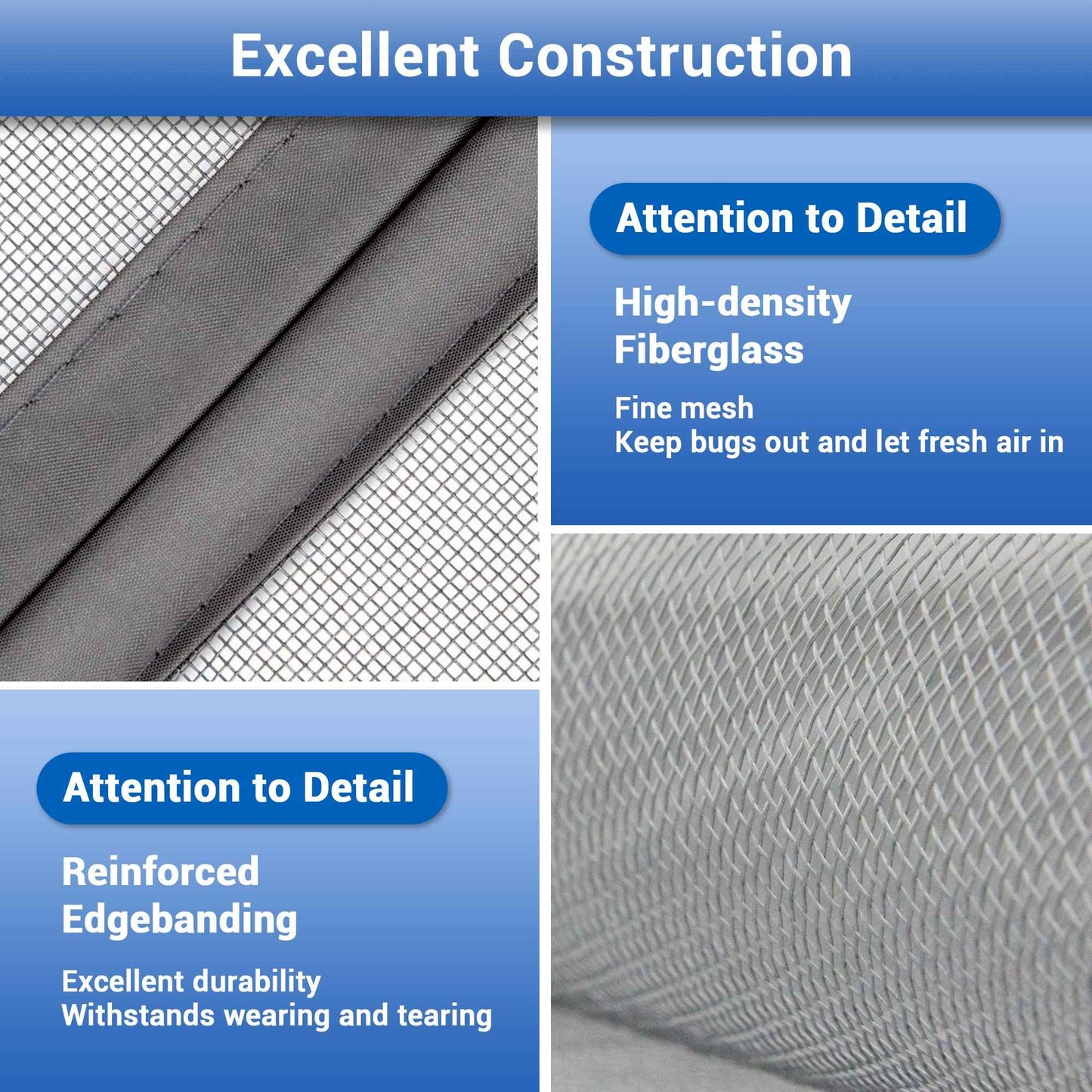 Fiberglass Magnetic Screen Door Mesh - Heavy Duty Magic Door Screen Closure with Magnets for Sliding, Patio, French, Front and Back Door, Kid and Pet Friendly, Easy Install Gray