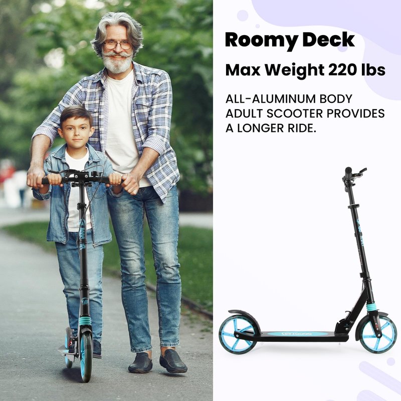 Scooter for Ages 8+ Teens and Adults Kick Scooter Foldable with Double Braking System Bells Adjustable Handlebars Kickstand Max Load 220 LBS 8" Big Wheels (Black)