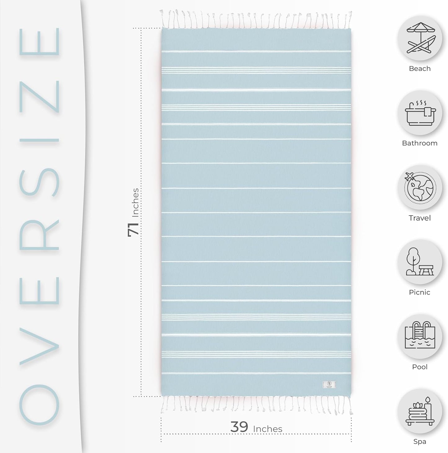 Ossano Turkish Beach Towel - Quick Dry & Absorbent Oversized (39" x 71") | Versatile Travel Blanket in Baby Blue