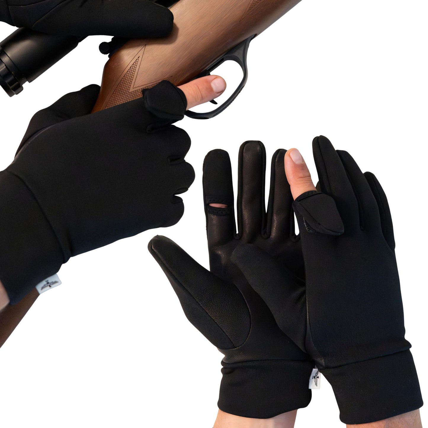 Trigger Finger Hunting & Rifle Shooting Gloves with Finger Flip | Genuine Leather Palm Grip & Stretch Back | For Outdoor Tactical Sports | Airsoft Paintball Trap Skeet Clay Shooting (BLACK, X-LARGE)