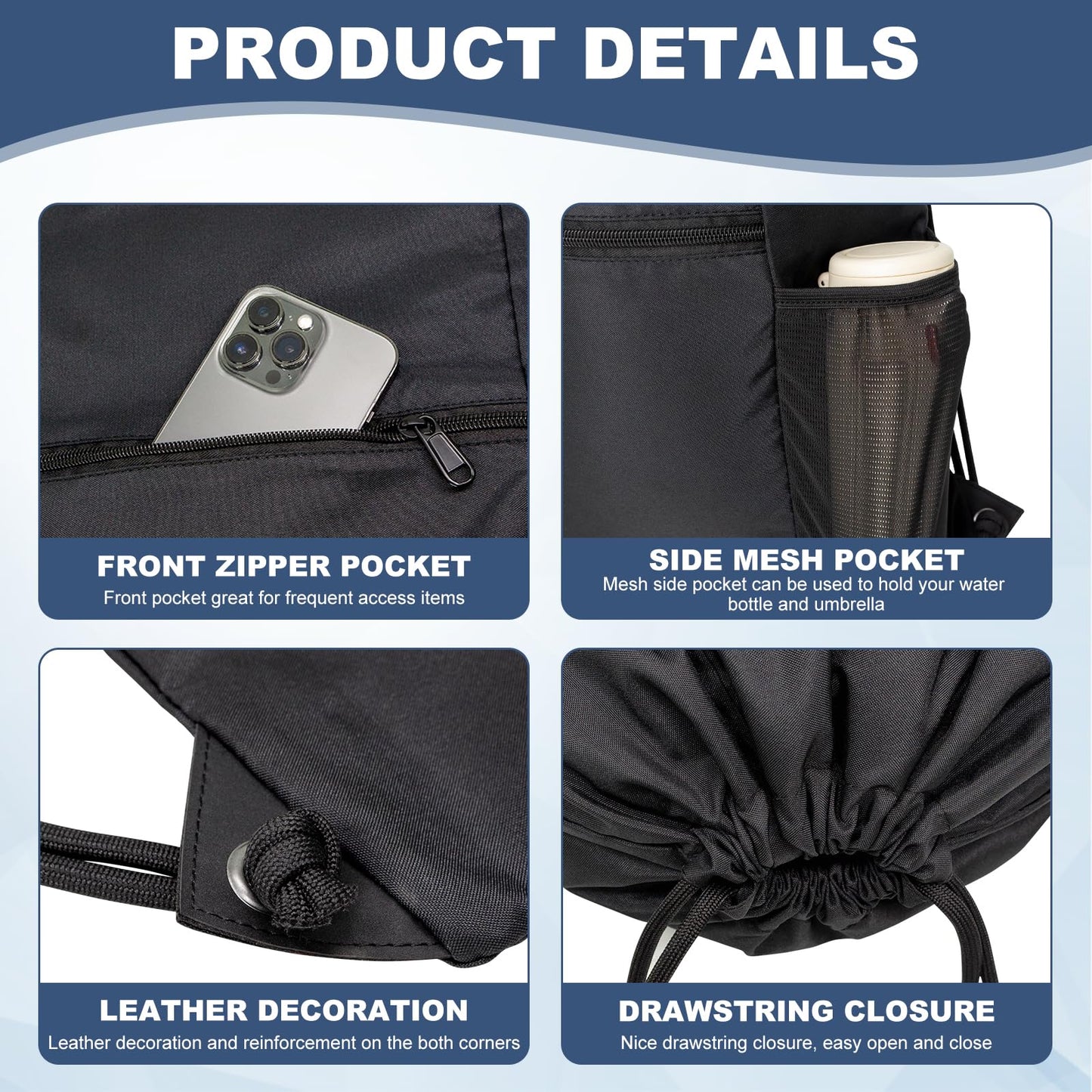 HOLYLUCK Men & Women Outdoor Sport Gym Sack Waterproof Drawstring Backpack Bag (Standard with drawstring, Black)