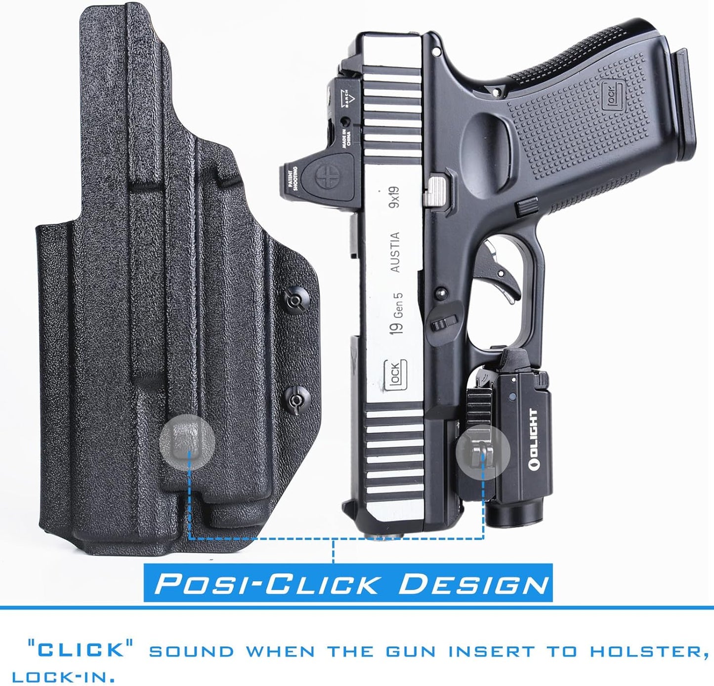 Skiennix IWB Kydex Holster for Glock 17/19/19X - Compatible with Olight Baldr S/MINI & Red Dot Optics