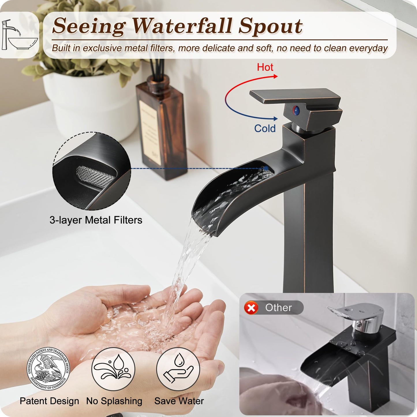 HOIGY Bronze Waterfall Vessel Sink Faucet, Brass 12 Inch Tall Bathroom Faucets Single Hole Single Handle for Bathroom Bowl Sink with Pop-up Drain & Hoses for Vanity Countertop Modern Farmhouse