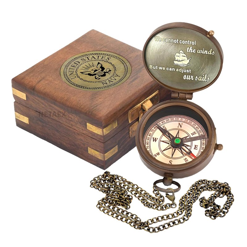 US Navy Military Gifts for Men Women - Personalized Retirement Compass for Son Mom Dad Family - Engraved United States Navy Gift (Navy with Wooden Box)