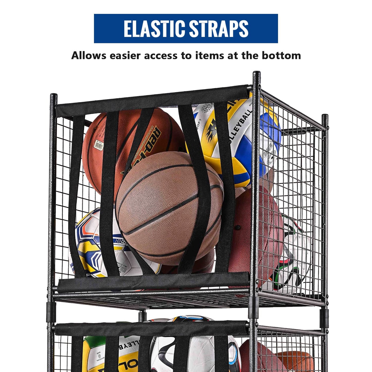 Mythinglogic Rolling Sports Ball Storage Cart, Sports Lockable Ball Storage Locker with Elastic Straps, Stackable Ball Cage for Garage Storage Garage Organizer (Black)