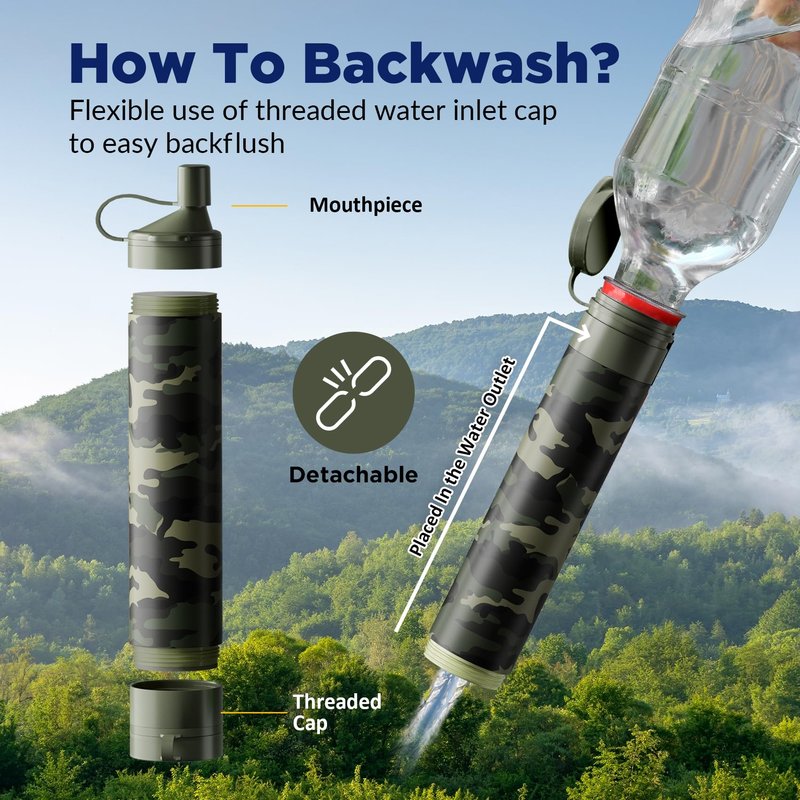 Membrane Solutions Gravity Water Filter Pro 6L, NSF/ANSI 42&372&401 Certified, 0.1 μm Versatile Water Purifier Camping with Adjustable Tree Strap Storage Bag, Survival Gear for Emergency(Camo)