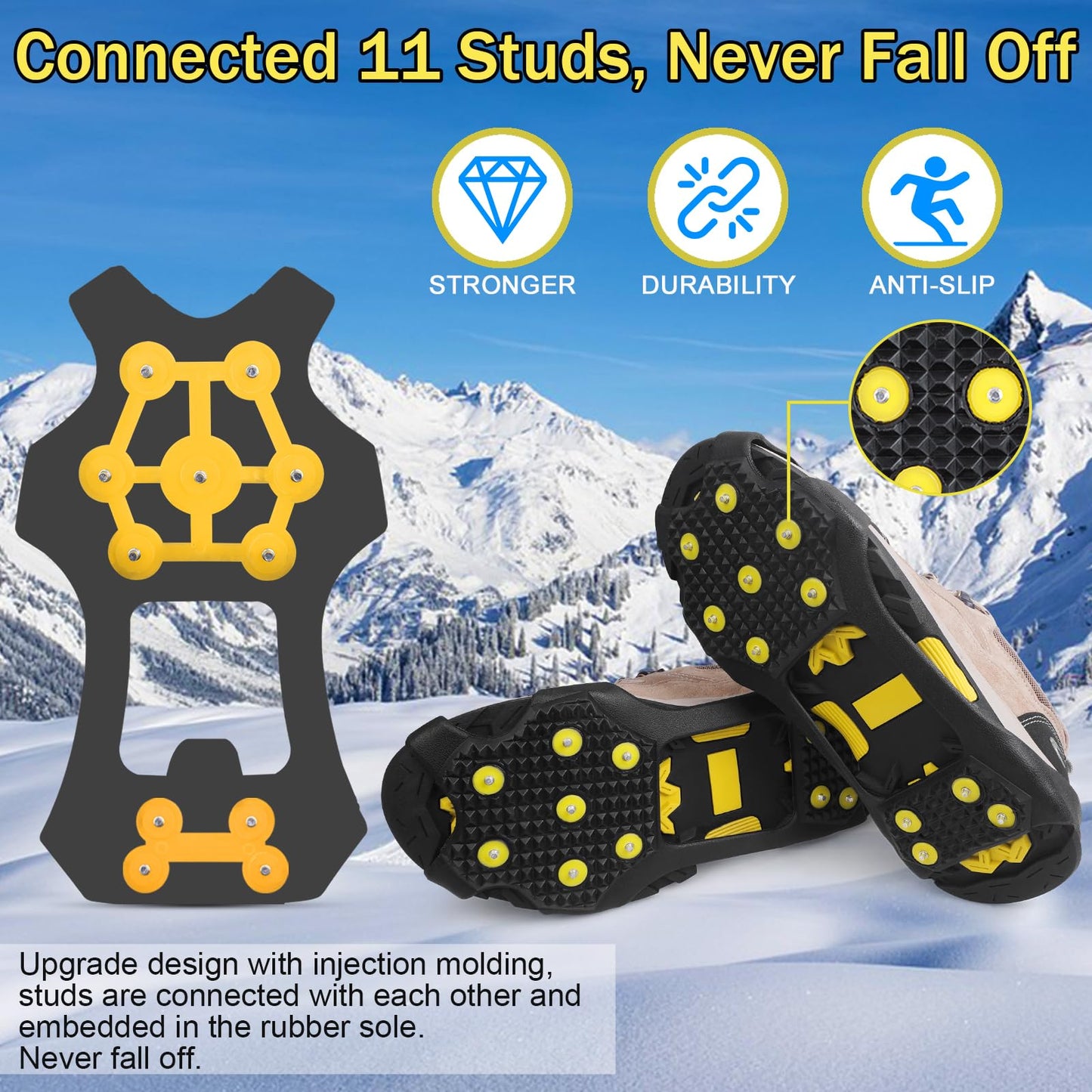 Ice Cleats for Shoes and Boots Crampons Anti Slip Snow Traction Cleats 11 Studs Snow Grippers Overshoe for Men Women Walking on Snow and Ice Slip-on Stretch Footwear