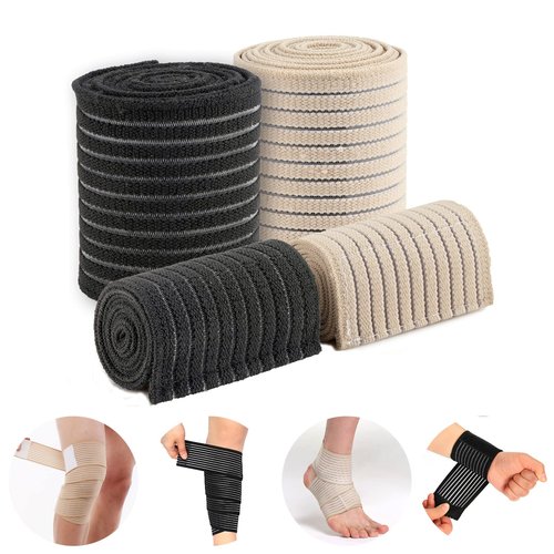 Elfzone Universal Calf Compression Sleeves - 4 Packs - Adjustable Compression Belt for Knee Brace, Ankle Brace, Wrist Brace, Elbow Brace and Calf Sleeve, Black & Skin Color Elastic Bandages