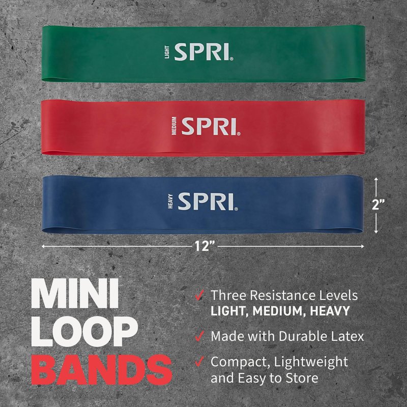 SPRI Mini Loop Bands Kit, Set of 3 - Light, Medium, Heavy Resistance Bands for Lower Body Workouts, Toning Muscles, and Exercise