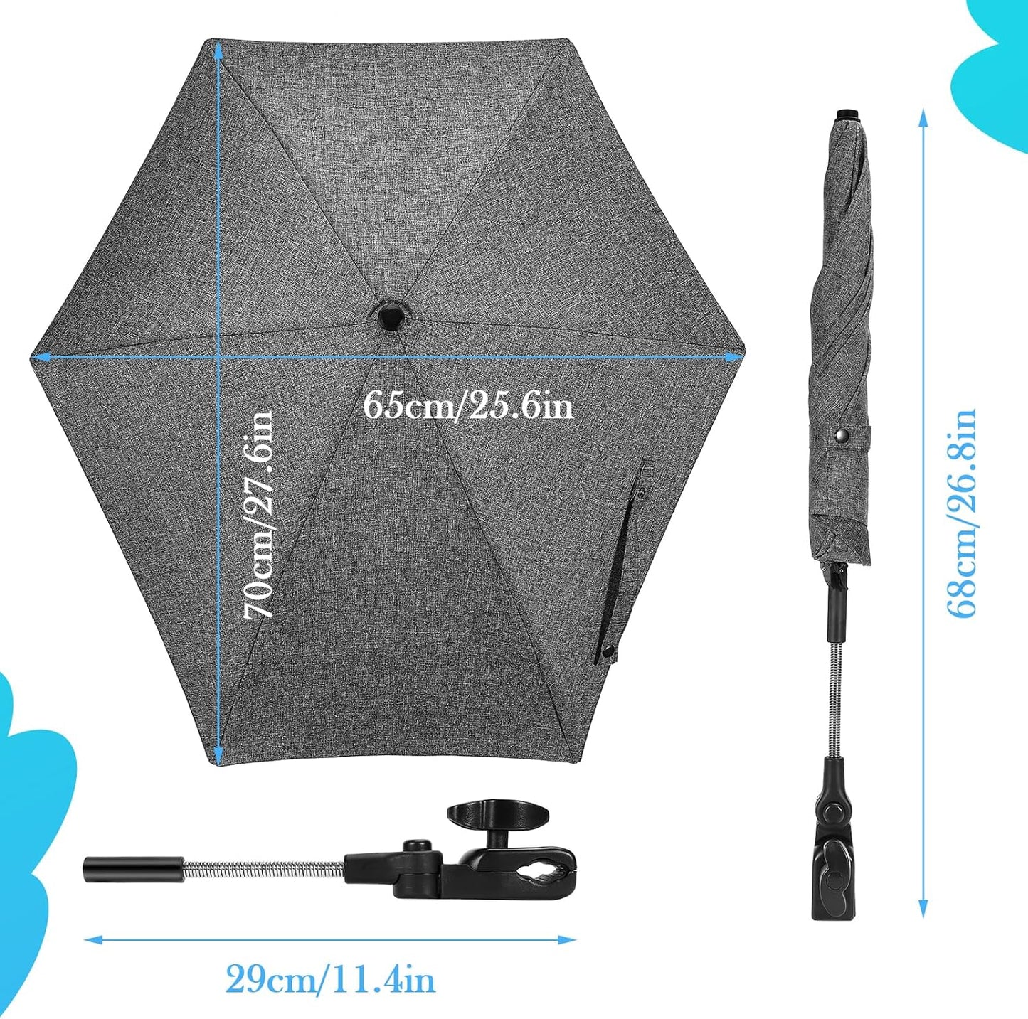 Skiennix Chair Umbrella - 78cm UV Protection Sun Shade with 360° Adjustable Clamp for Strollers & Beach Chairs