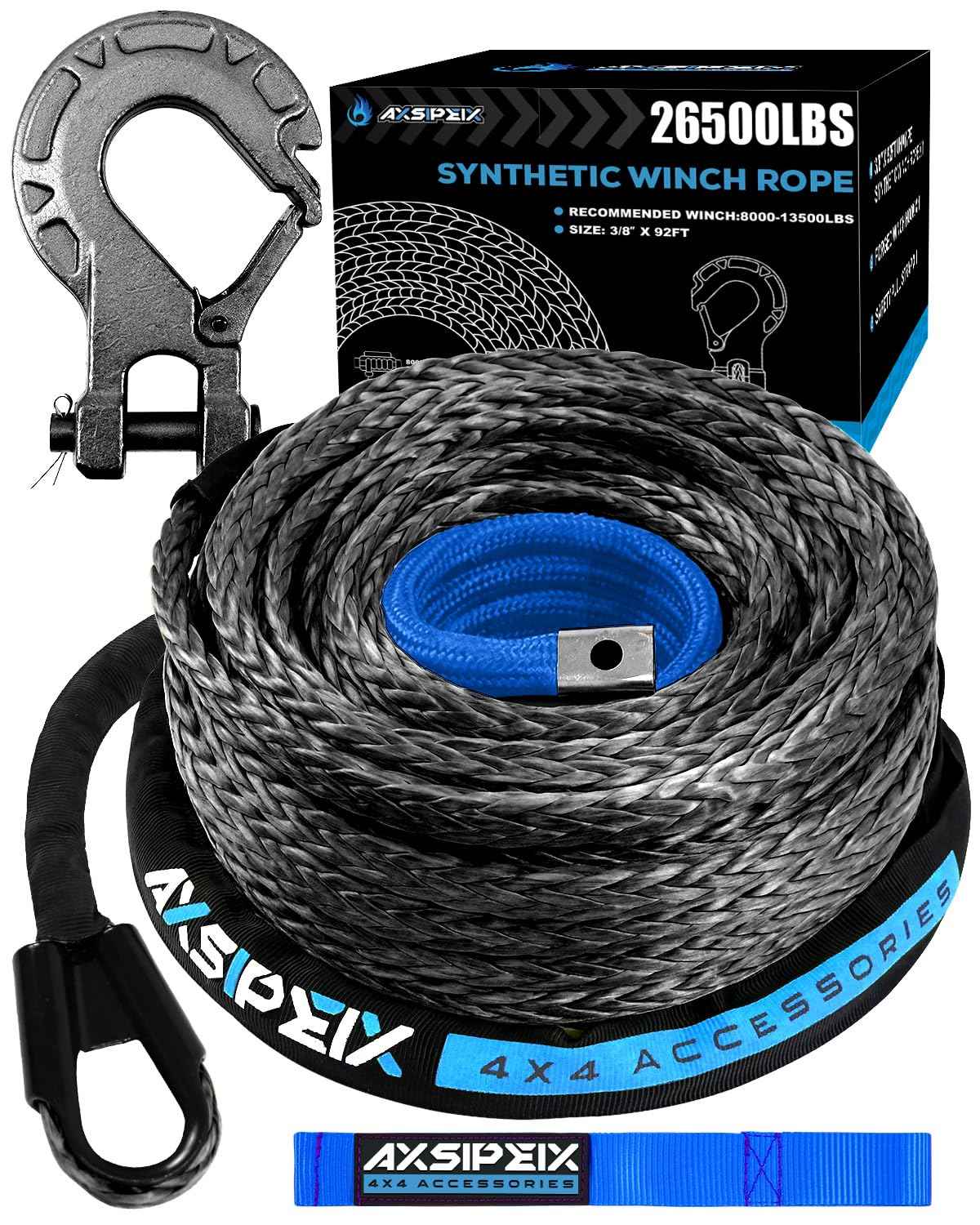 Synthetic Winch Rope Kit, 3/8" x 92ft 26500LBS Blue+Black Winch Cable with Protective Sleeve, Forged Winch Hook and Safety Pull Strap 4WD Off Road Vehicle SUV Truck