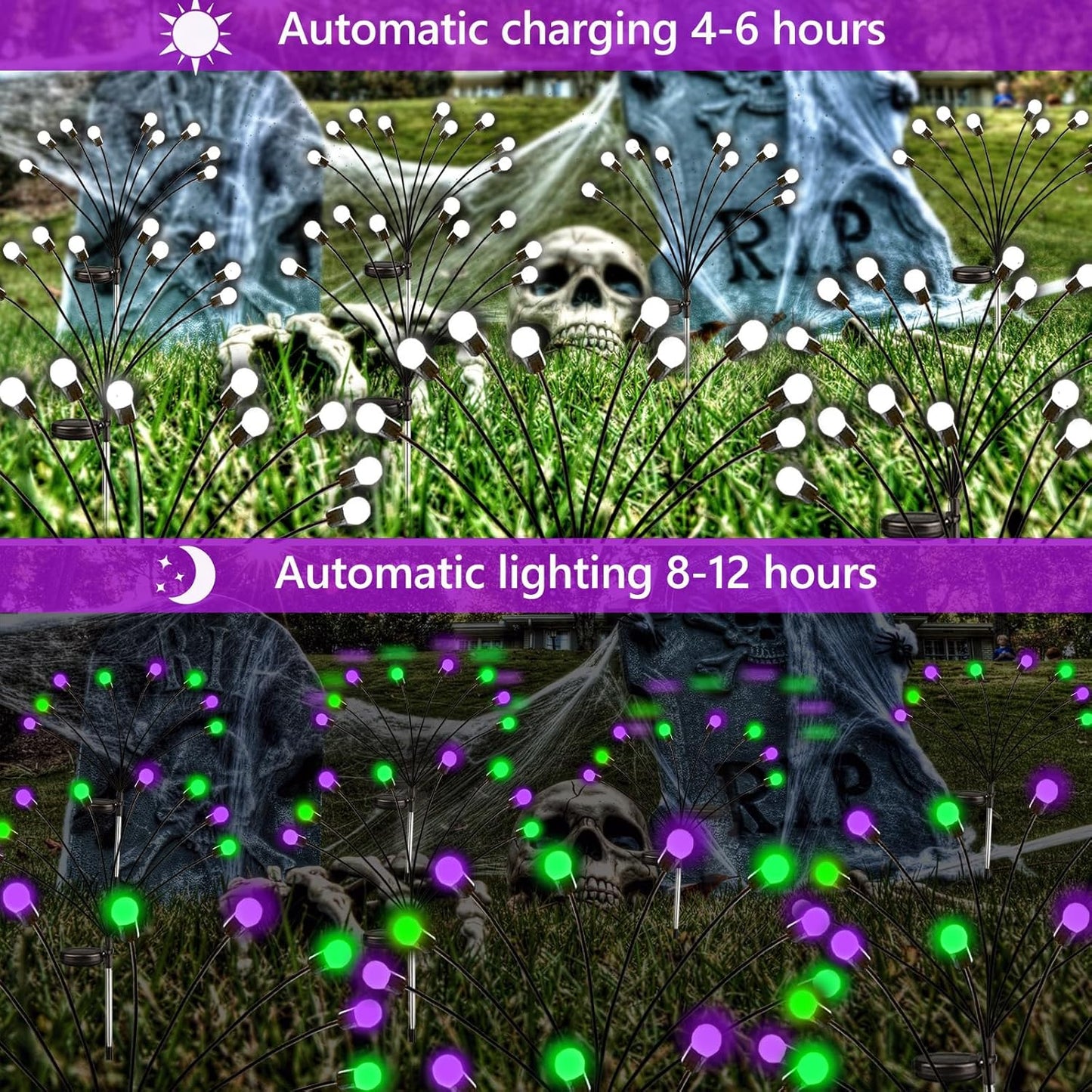 Solar Halloween Pathway Lights - 6 Pack Waterproof Firefly Decor in Orange, Purple & Green