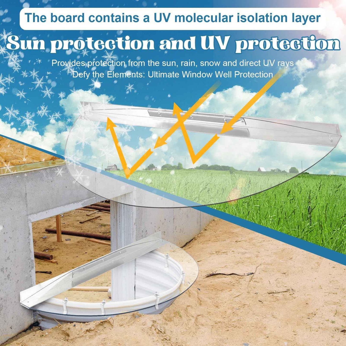 42" W x 17" L Sloped Heavy Duty Egress Window Well Covers with Rust-free Aluminum Bracing UV Resistant Clear Elongated Polycarbonate Basement Outside Window Cover Against Debris for Garden Yard