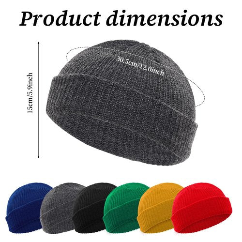 Fzxdfg 6 Pieces Short Fisherman Beanie for Men Women Roll-up Edge Knit Elastic Cap Winter Warm Hat (US, Alpha, One Size, Black、Yellow、red、Green、Dark Gray、Dark Blue)
