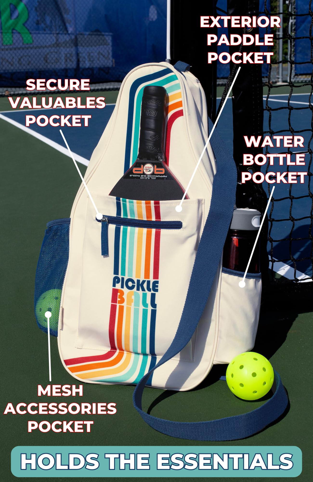 STEEL MILL AND CO. Pickleball Bags for Ladies and Men, Unisex Pickleball Bag Holds 4 Pickleball Paddles, Adjustable Sling Bag with Fence Hook and Water Bottle Holder, Retro Stripe