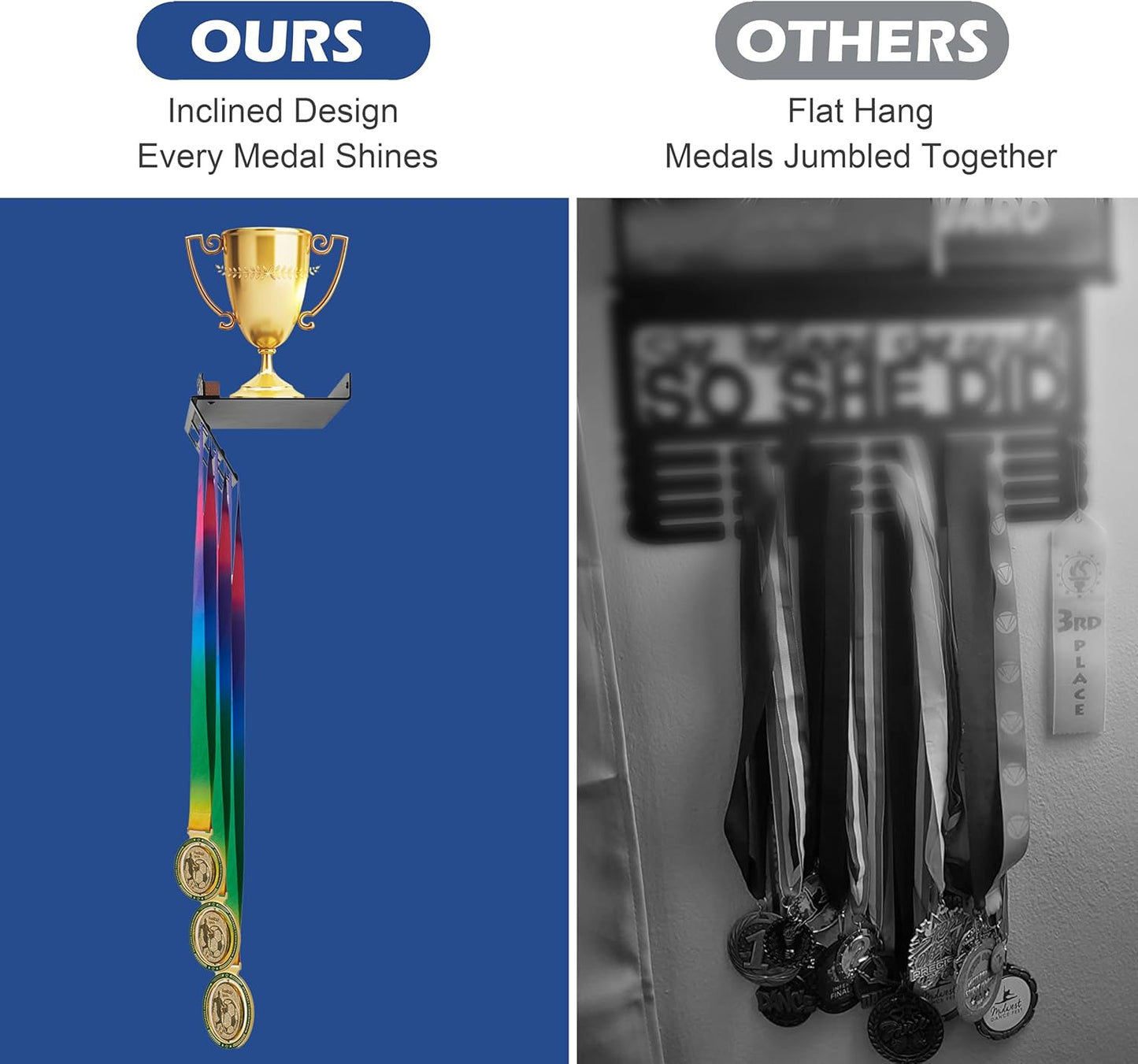 Medal Hanger Display & Trophy Shelf Combo - Unique 5.3" Deep Design for Large Trophies | Never Give Up Soccer Wall Decor