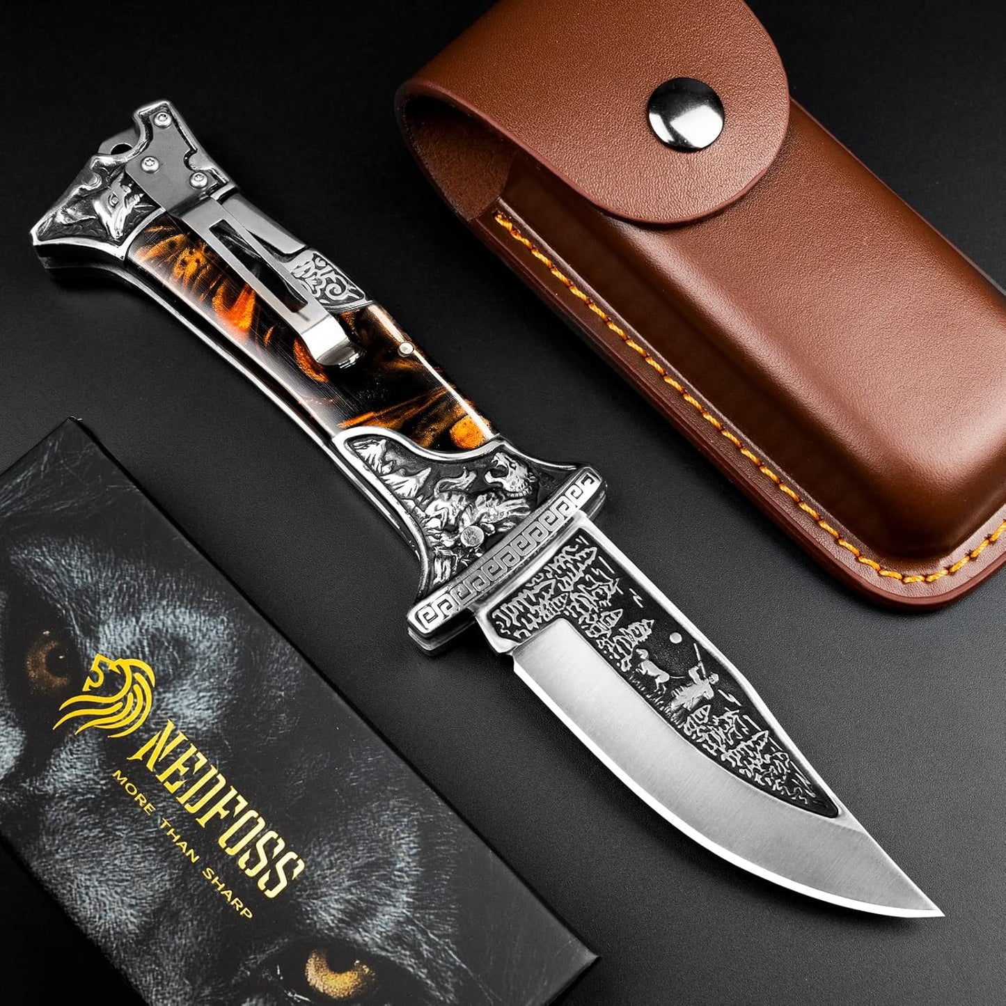 NedFoss TIGER ROAR Pocket Knife - Unique 3.5-Inch Engraved Folding Knife with Holster | Perfect Gift for Men