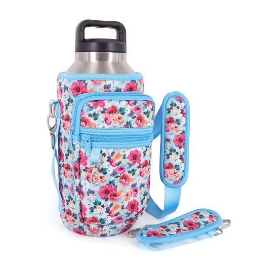 AJLTPA Half Gallon Jugs Water Bottle Holder with Strap and 2 Pockets, Water Bottle Sleeve Carrier For Half Gallon Jugs 64oz Flask (Blue Cheetah)