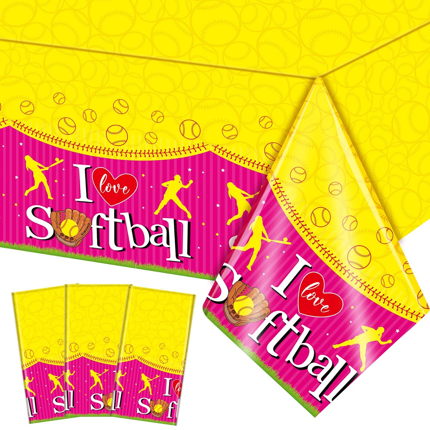 Jecery 3 Pcs Softball Tablecloth Party Decorations Softball Rectangle Plastic Outdoor Table Cloth Tablecloth Waterproof Table Covers for Sport Theme Birthday Dining Party Supplies, 51 x 86 Inches