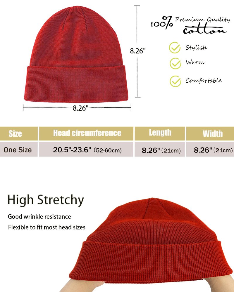 100% Cotton Beanie Hat- Unisex Ultra Soft Winter Warm Stretch Knit Cuffed Hats Fisherman Beanies Skull Cap