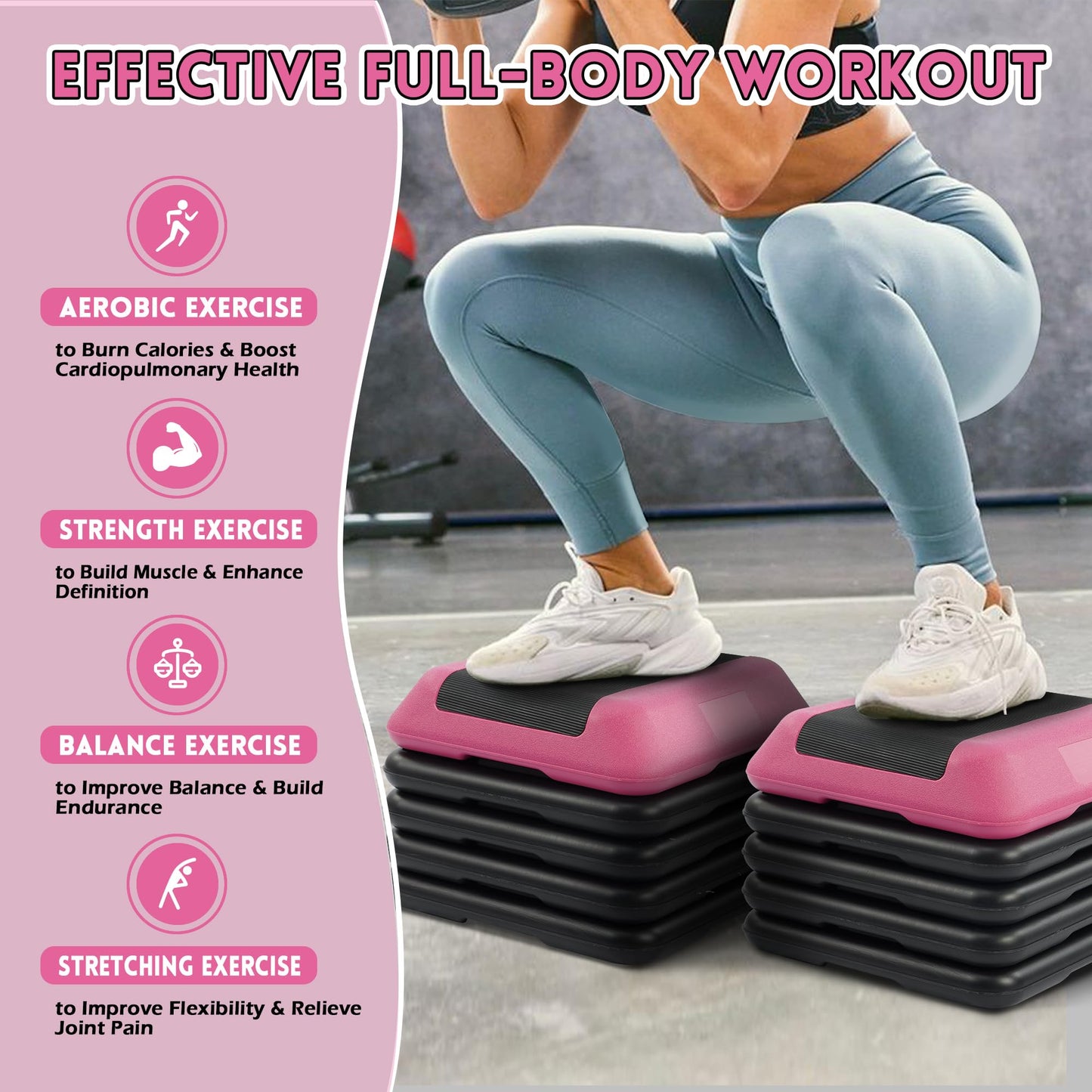 Fitvids 16''x 16'' Adjustable High Step Aerobic Step Platform with 4 Stackable Risers, Workout Step Platform for Exercise at Home, Stepper with Non-Slip Surface for Fitness Training, Cardio Strength, Pink