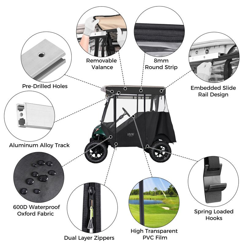 10L0L 3-Sided Track Style Golf Cart Enclosure fit 2 Passenger Yamaha G29, 600D Oxford Cloth Rain Shelter Cover with Aluminum Pre-Drilled Track,3 Sides Roll Up,Waterproof and UV Protection(Black)