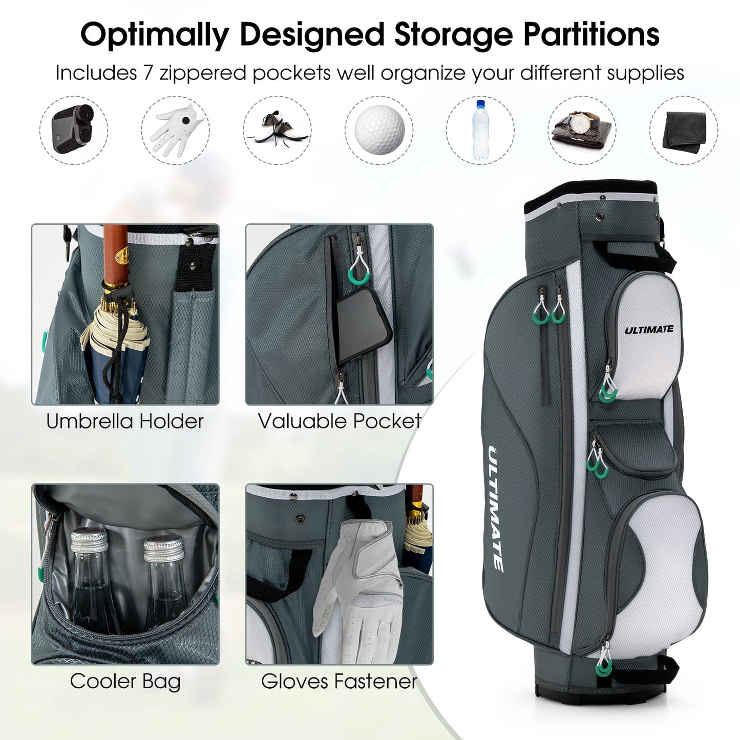 Tangkula Golf Cart Bag with 14 Way Top Dividers, Lightweight Golf Cart Bag with Shoulder Strap, 7 Zippered Pocket, Cooler Bag & Valuable Pocket, Portable Golf Club Bag with Rain Hood/Dust Cover
