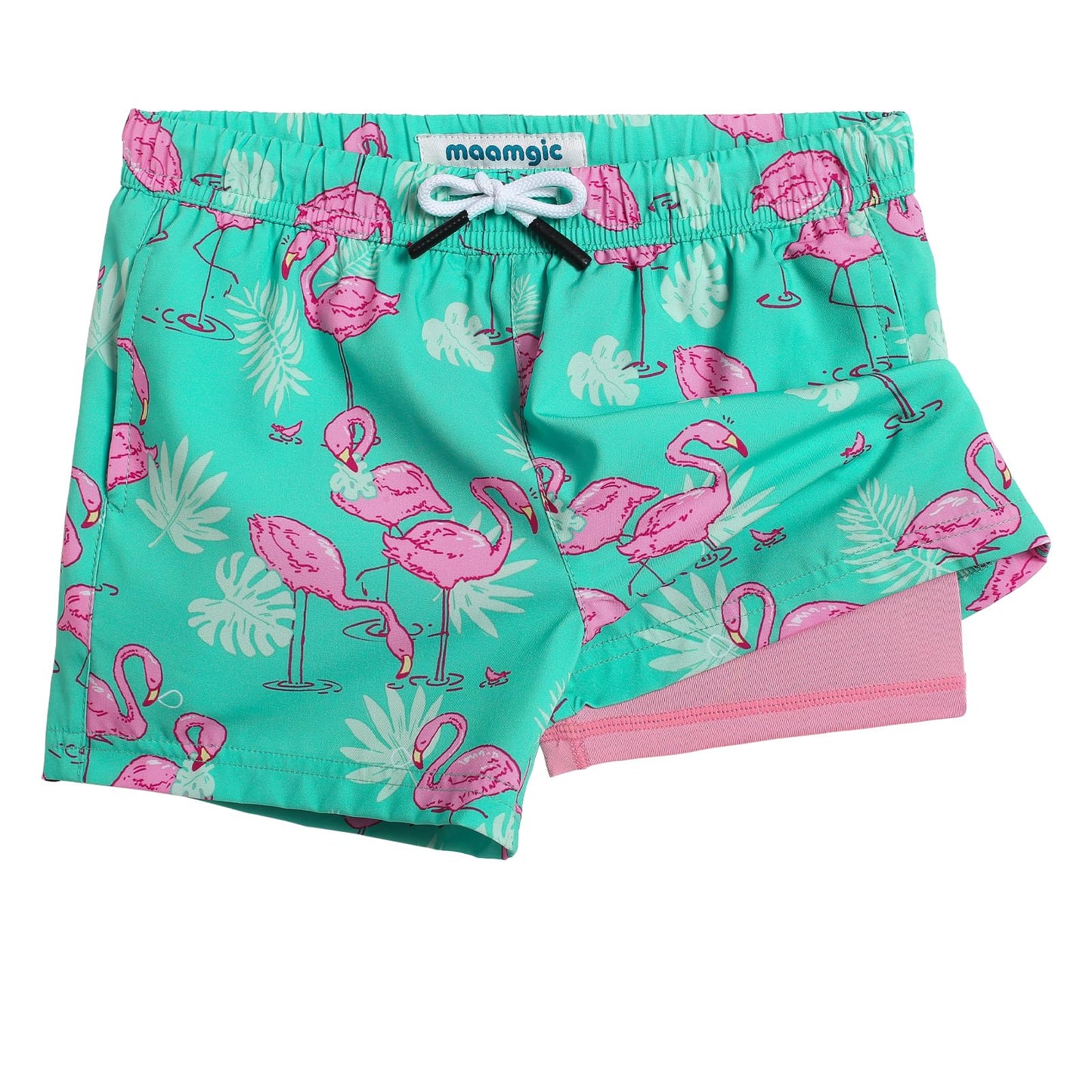 maamgic Boys Swim Trunks with Compression Liner Toddler Boy Swimsuit Quick Dry 4-Way Stretch Swimming Trunks Cute Flamingo Green 8 Years