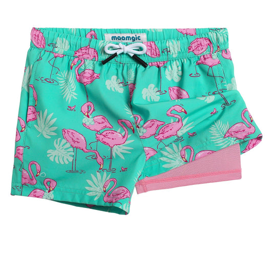 maamgic Boys Swim Trunks with Compression Liner Toddler Boy Swimsuit Quick Dry 4-Way Stretch Swimming Trunks Cute Flamingo Green 8 Years