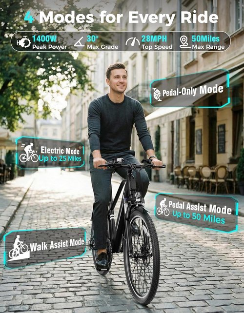 Jasion 26" Electric Bike - 1200W Peak Motor, Removable Battery, 3 Modes, 50 Miles Range, City Commuter