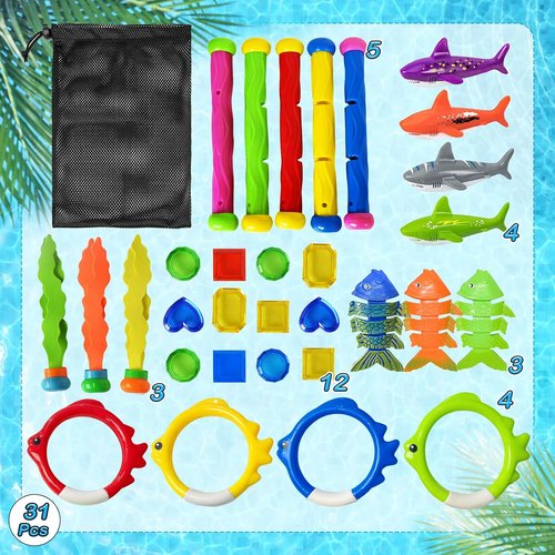 Jasonwell Pool Diving Toys - 31 PCS Fun Swimming Pool Games with Rings, Sticks & Treasures for All Ages