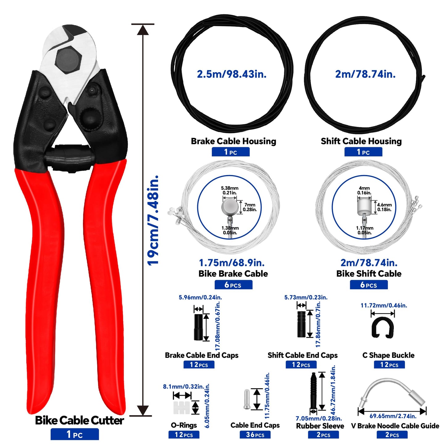 103pcs Universal Bike Brake Cable, Brake and Shift Cable Housing with Stainless Steel Line Cutter, Include End Caps, O-Rings, C Buckle, V-Brake Cable Guide