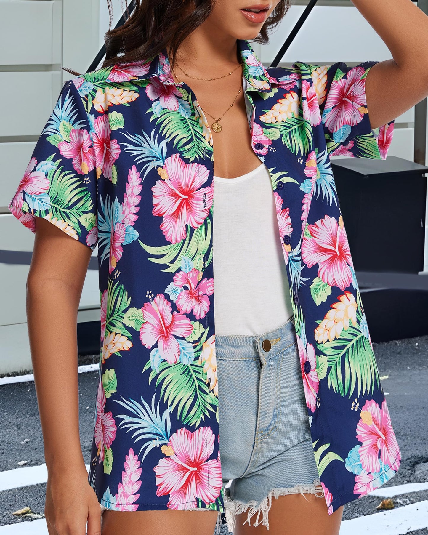 Women Hawaiian Shirt Button Down Summer Tops Beach Cool Short Sleeve V Neck Blouse(Pink Blue Floral,XL)