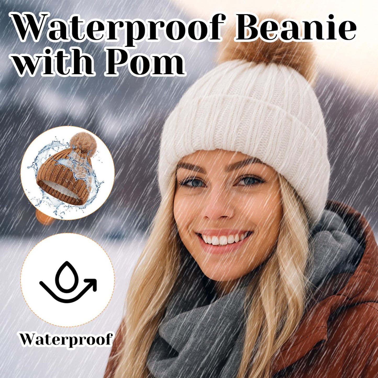 Silicherry 3 Pcs Waterproof Women Winter Pompom Beanie Hat Fleece Lined Warm Hat Thermal Waterproof Windproof Knit Skull Cap Beanie for Women Skiing Cold Weather