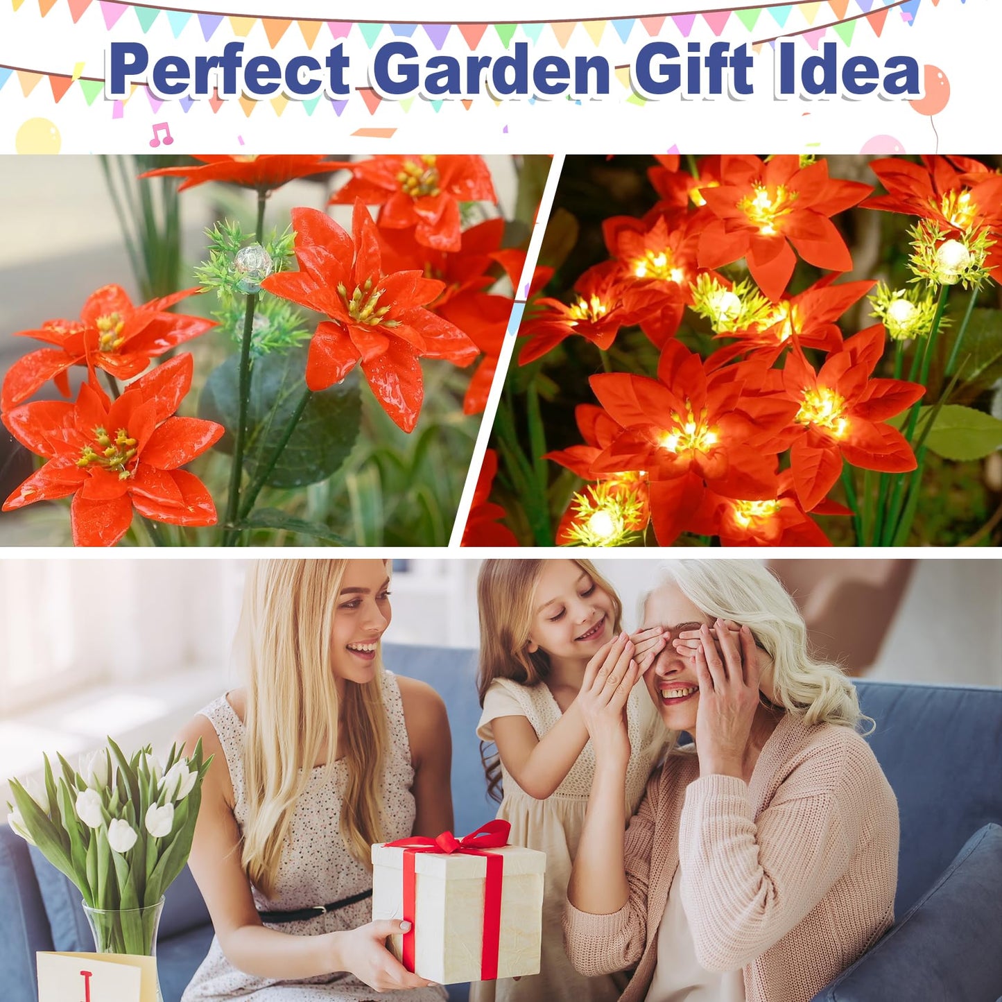 TONULAX Solar Swaying Garden Lights - Upgraded Version Solar Swaying Flower Lights Outdoor,Poinsettia Flower Lights for Yard Decor, Garden Decoration, Enlarged Solar Panel (2pack)