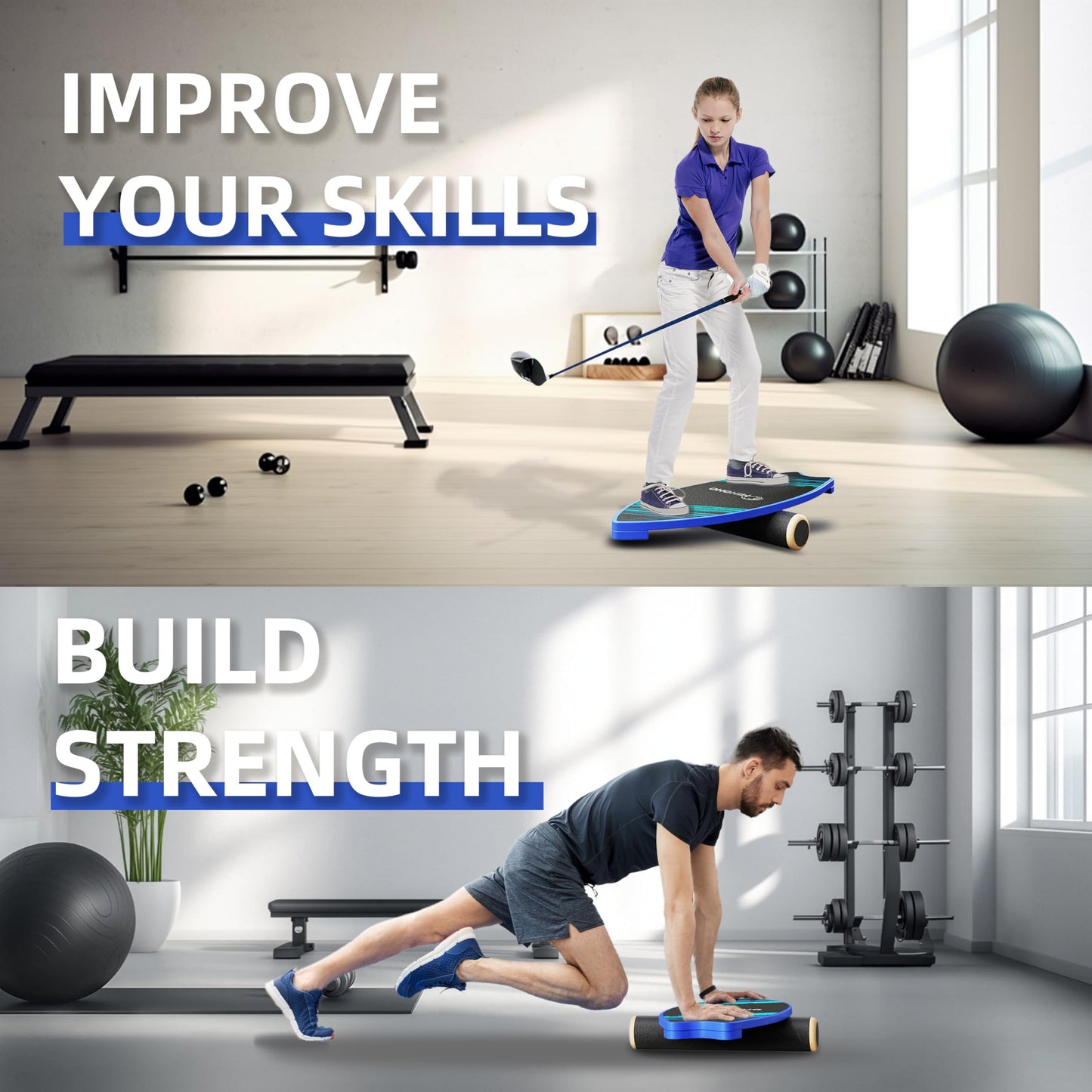 Balance Board Sports with Mat, Exercise Balancing Stability Trainer for Improve Balance, Core Balance Trainer for Fitness, Rehab, Surf (Blue)