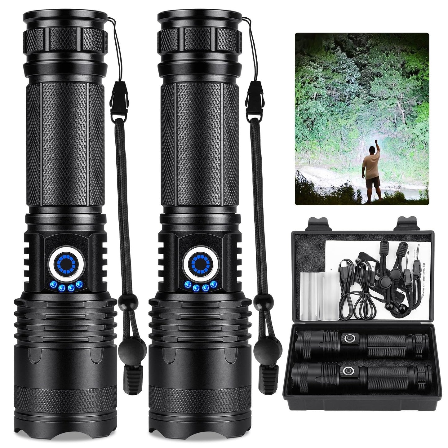 Alicegirl Rechargeable Flashlights 99000 High Lumens 2 Pack, Led Super Bright Flashlight with 5 Modes & IPX7 Waterproof, 15H Running Time, High Powered Flash Light for Home Camping Home Emergencies