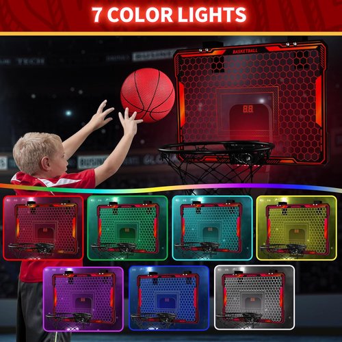 HYES Indoor Basketball Hoop - Mini Over Door Design with 7 LED Lights & Scoreboard | Adjustable Volume, Foldable