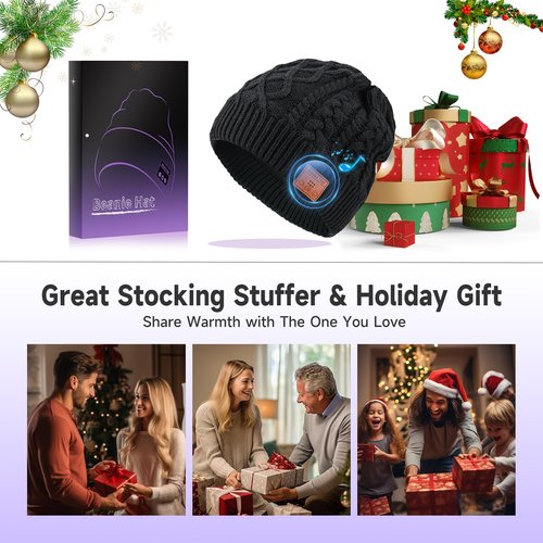 TOUCH TWO Black Acrylic Bluetooth Beanie hat - Tech Gifts for Men and Women, Wireless Bluetooth Hat, Stocking Stuffer