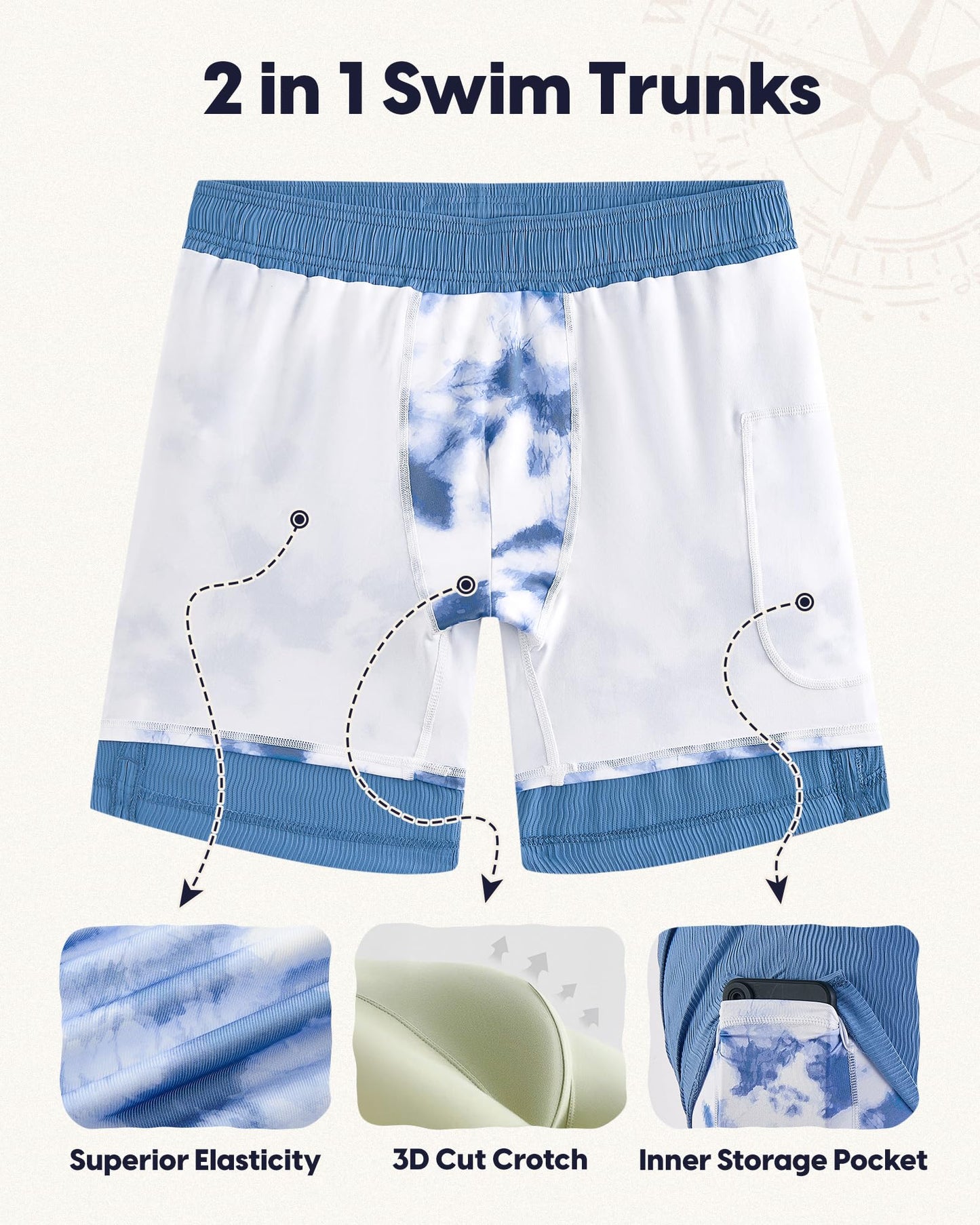 maamgic 7 Inch Wavy Texture Mens Swim Trunks - Mens Bathing Suit with Compression Liner Quick Dry Zipper Pockets Swimwear Haze Blue-Ink Painting