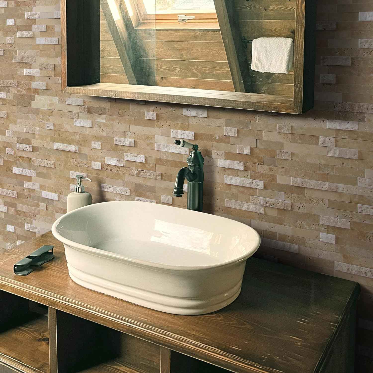 Peel and Stick 3D Stone Mosaic Tiles - 12x11" Self-Adhesive Backsplash for Kitchen & Bathroom - 5 Sheets, Mixed Tan